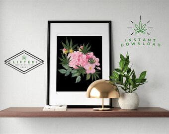 Stoner Girl Gifts for Her, Marijuana Floral Wall Art Print, Pink Floral Wall Home Decor, Cannabis Poster Fathers Day Gift, INSTANT DOWNLOAD