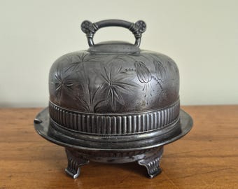 Antique, Covered Butter Dish, Floral Pattern, Quadruple, Silver-Plated, Pairpoint Mfg. Co., Circa 1800s.