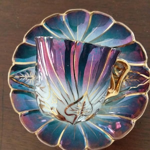 Art Deco Demitasse Cup and Saucer: Purple Luster & Gold Gilt Porcelain
