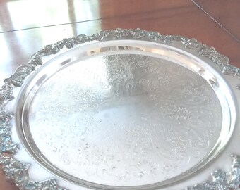 Vintage Silver Serving Tray: Large Round Butler Platter with Grape Vine Design