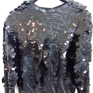 Elegant Top by OLEG CASSINI, Black Sequined Dressy Blouse/Top, Women's Size Large, Like New