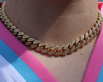 Gold Miami Cuban Link CZ Diamond Choker 16 18 Inch 18k Chain