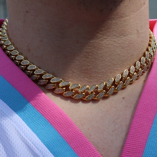 Men's 12mm Miami Cuban Link Choker Necklace - 14k Gold Plated With VVS CZ Stones