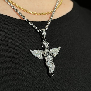 Praying Angel Jesus Pendant 14k White Gold Silver Iced Out CZ Diamond With Chain
