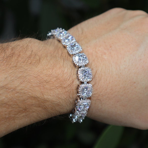 Bracelet tennis groupé 10 mm, or blanc 14 carats, argent, diamants de laboratoire VVS, haute qualité