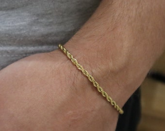 3mm 14k Gold Rope Bracelet 8 & 7 Inch Stainless Steel