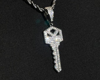 Pendentif clé or blanc 14 carats, argent cz glacé, diamants avec chaîne