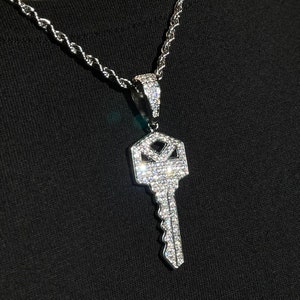 Key Pendant 14k White Gold Silver Iced Out CZ Diamond With Chain