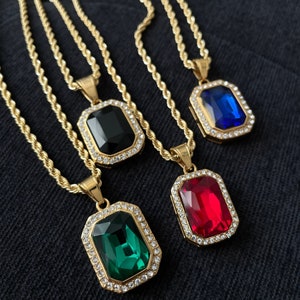 Rechteck Stein Anhänger Rot Schwarz Grün Blau Rubin Iced 14k Gold Diamant mit Seil Kette Edelstahl