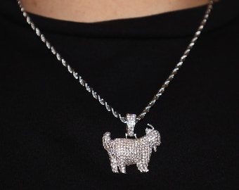 Goat Pendant 14k White Gold Silver Iced Out CZ Diamond With Chain