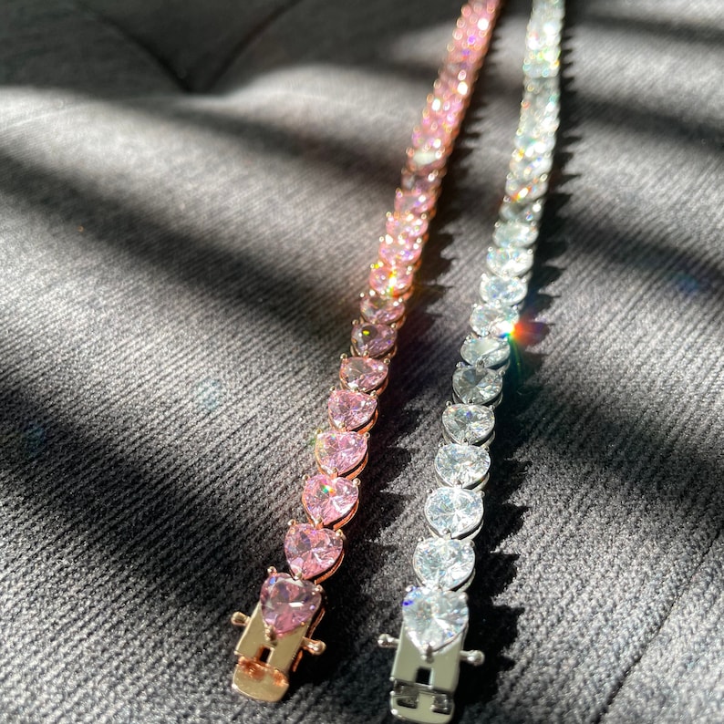HEART Tennis Bracelet 14k White Gold Pink 6mm 7 8 Diamond Iced Etsy