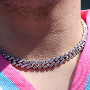 White Gold Square Cuban Link Choker Chain Necklace 16 & 18 inch 10mm Silver 14k Chain VVS Lab Diamond