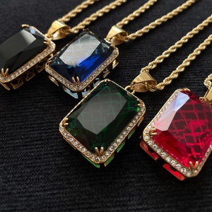 Premium Rectangle Red Black Green Blue Ruby Stone Pendant Iced 14k Gold Diamond With Rope Chain Stainless Steel