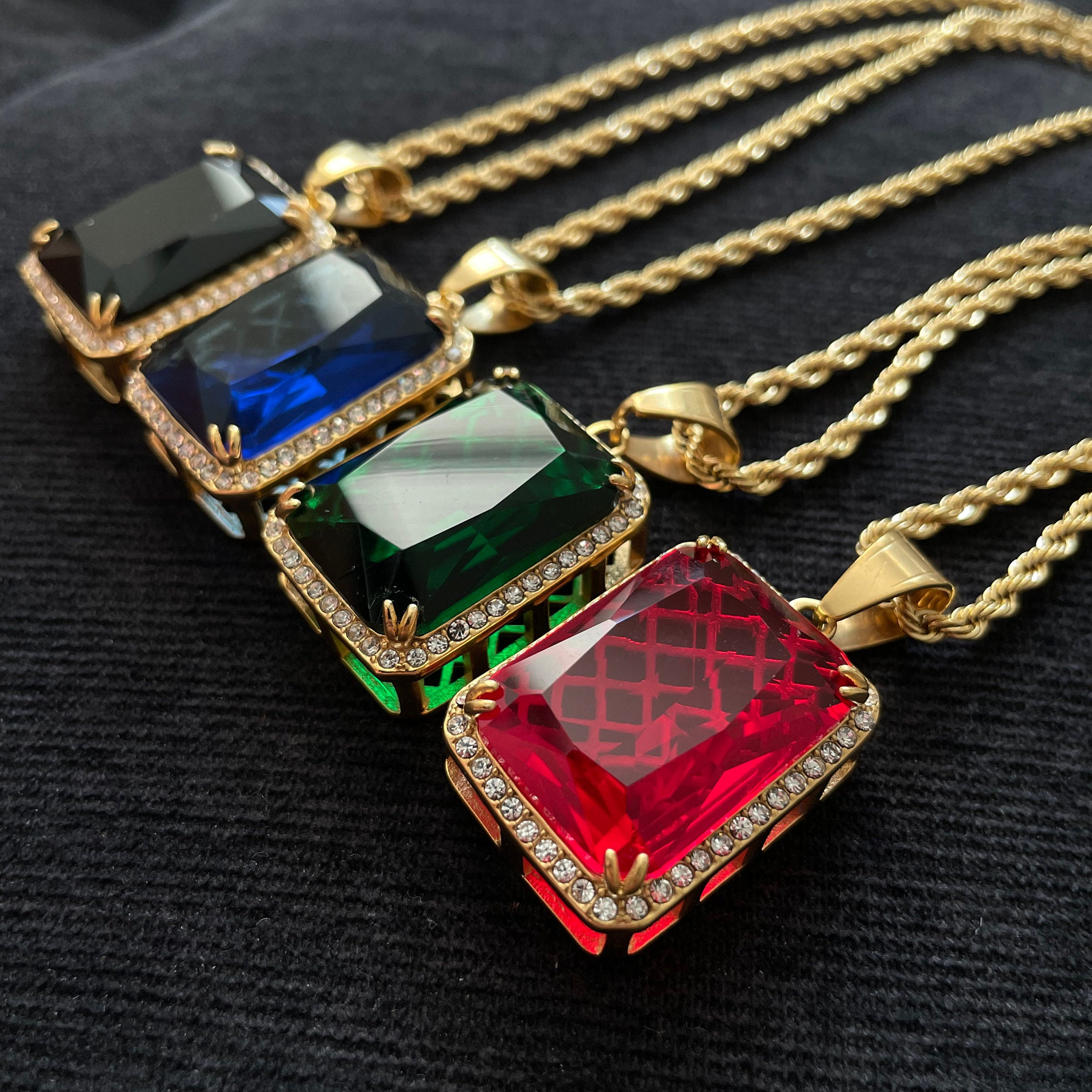 Premium Rectangle Red Black Green Blue Ruby Stone Pendant Iced 14k Gold ...