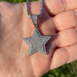 Star Pendant 14k White Gold Silver Iced Out CZ Diamond With Chain