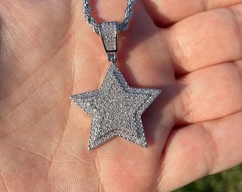 Star Pendant 14k White Gold Silver Iced Out CZ Diamond With Chain