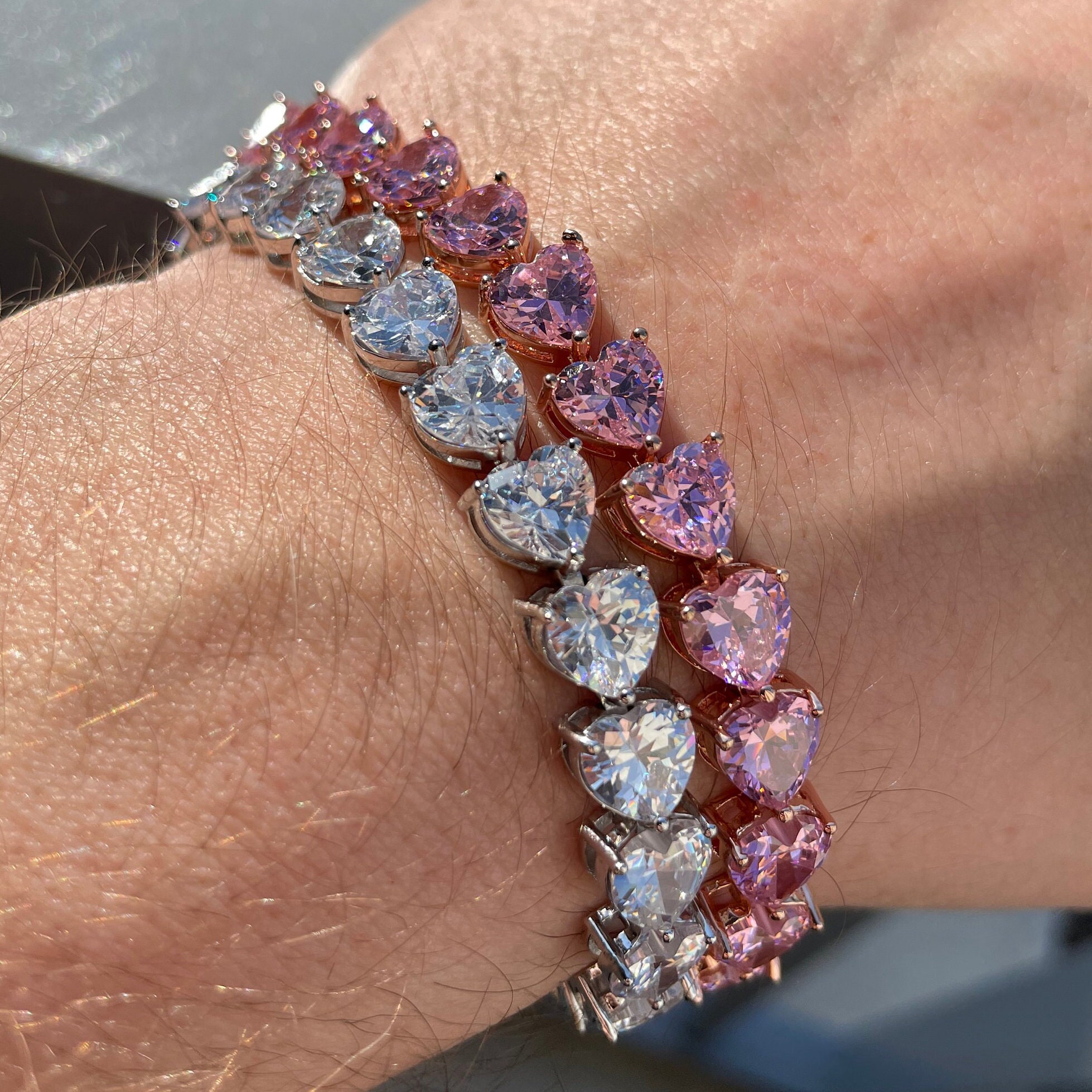 送料税込【AMY O】Heart Link Tennis Bracelet (2色) 国内発送♪ HEART Tennis Bracelet 14k White Gold Pink 6mm 7 8 Diamond
