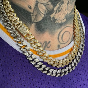 Yellow Gold Miami Prong Cuban Link Chain Necklace 13mm 14k VVS Lab Diamond Urban