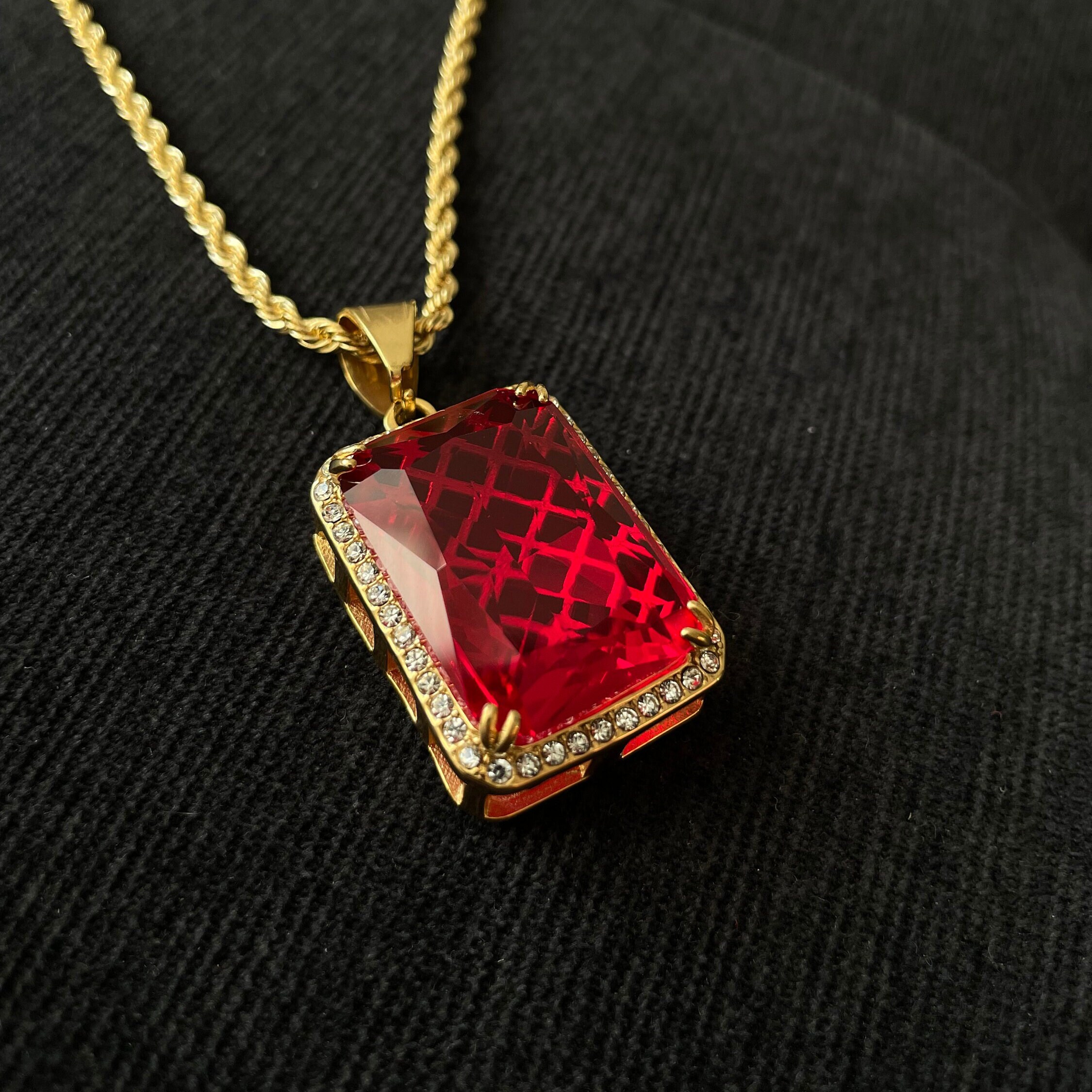 Premium Rectangle Red Black Green Blue Ruby Stone Pendant Iced 14k