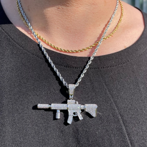 AK47 Rifle Pendant Necklace - Stainless Steel, Silver/Gold/Black, 23.6" Chain