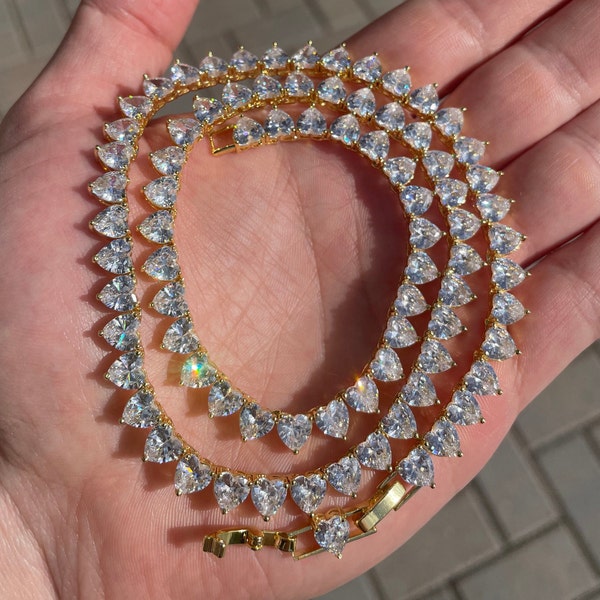 HEART Tennis Chain Choker 14k Gold 6mm 14 16 18 20 inch Diamond Iced VVS Lab CZ Necklace