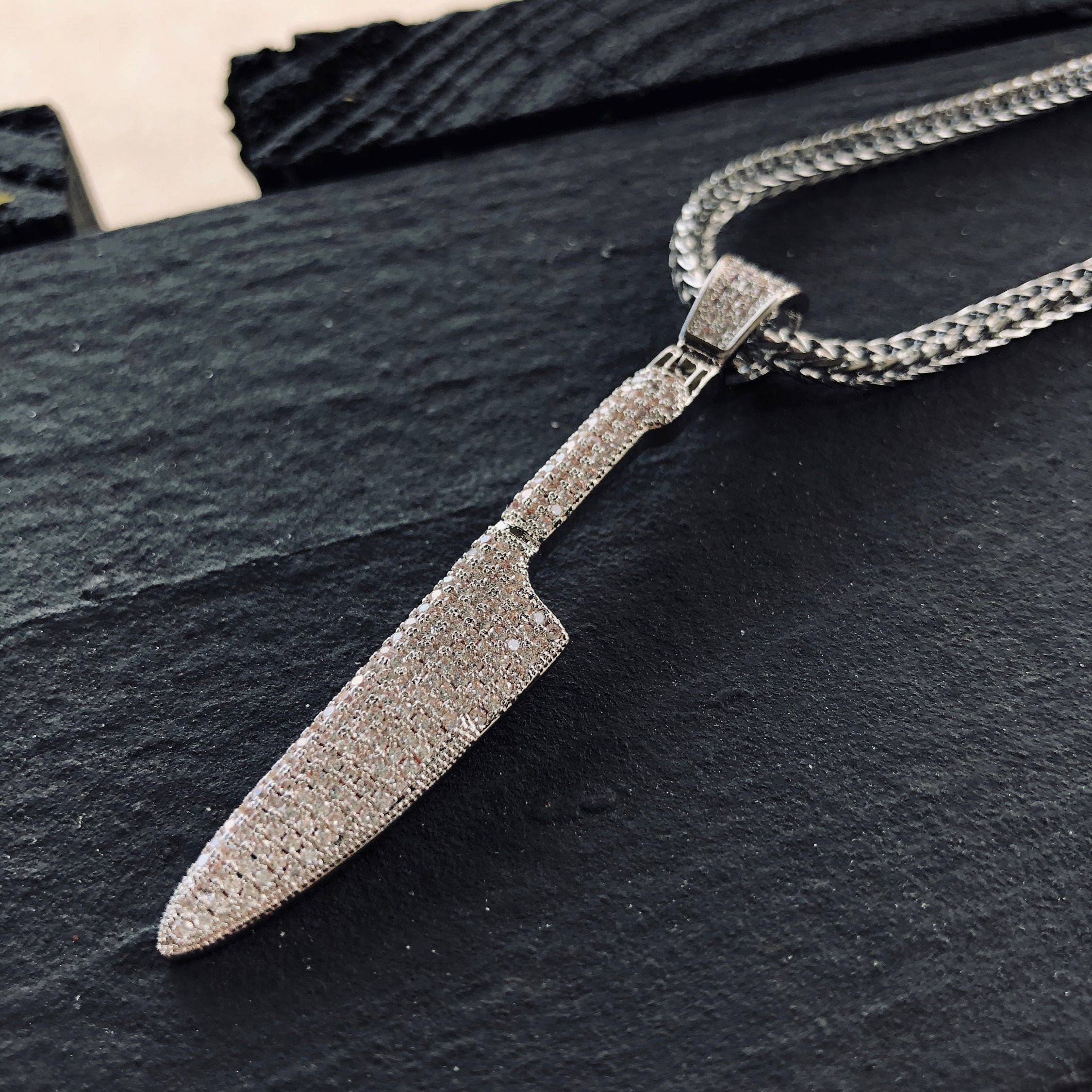 Dagger Knife Cz Diamond Pendant With Chain 14k Gold Silver