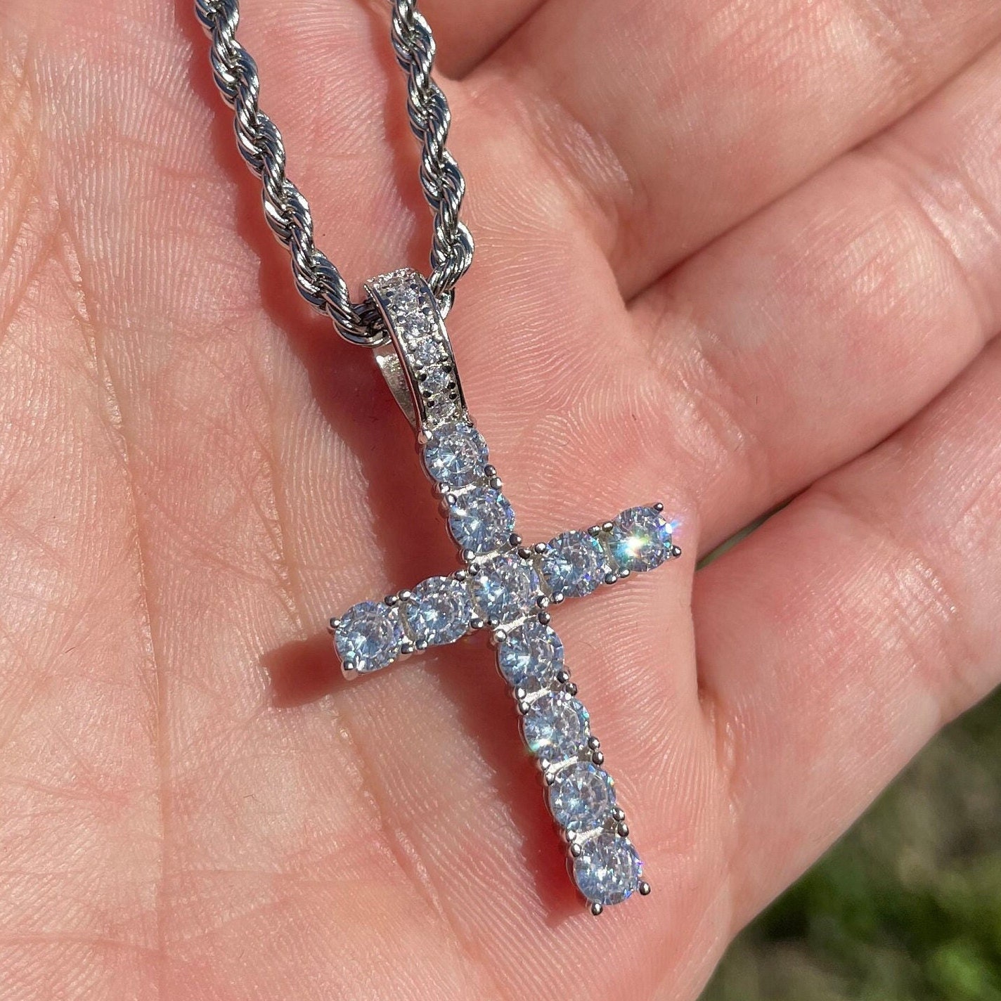 Jesus Cross Pendant 925 Sterling Silver Necklace 14k White Gold CZ