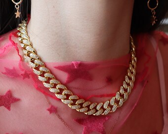 thumbnail image 2 of 18k Gold Simulated Diamond Miami Prong Cuban Link Chain Choker Necklace – The Jewelry Plug, Yellow Gold 2 of 2