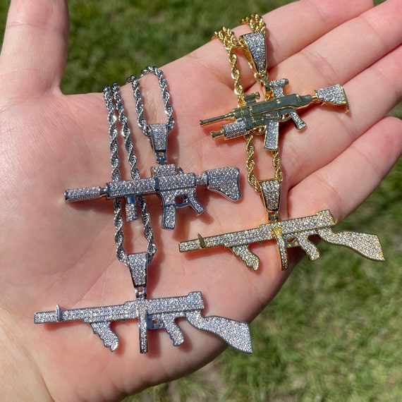 18k Gold Iced Out Tommy Gun M4 AK47 Gun 