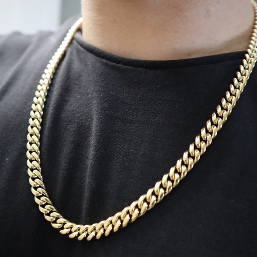 14K Gold Miami Cuban Link Necklace Chain 8mm 24 Inch Stainless Steel Heavy Solid