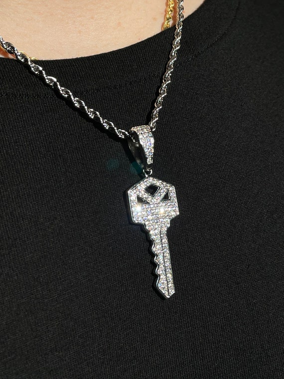 Key Pendant 14k White Gold Silver Iced 