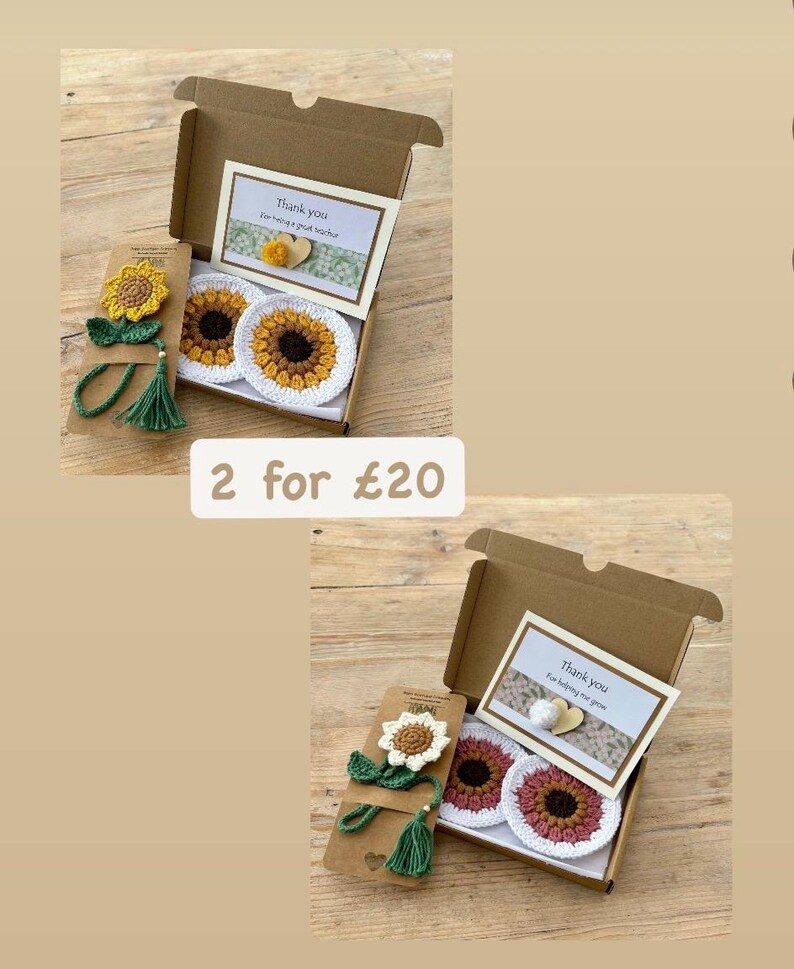 May include: Two gift sets featuring crochet sunflower bookmarks with green tassels and matching circular coasters in a cardboard box. Each set includes a card with the text Thank you for being a great teacher or Thank you for helping me grow.