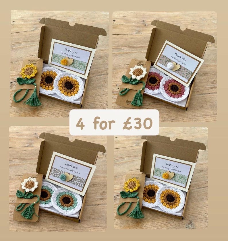 May include: Four brown cardboard gift boxes containing crochet sunflower-themed items. Each box includes a crochet sunflower bookmark with a green tassel and two round crochet sunflower coasters. Each box features a thank you card with a small heart.