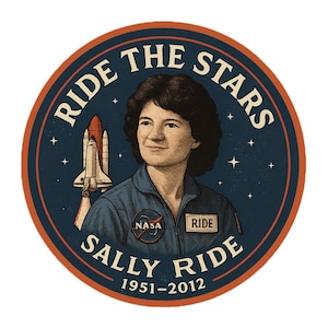 May include: Circular patch featuring Sally Ride, a NASA astronaut, with a rocket and the text "Ride the Stars." The patch has a blue background with stars, a red and orange border, and the text "Sally Ride 1951-2012."