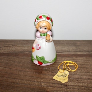 Vintage Jasco Strawberry Patches Collectible Bisque Porcelain Figurine Bell 1980