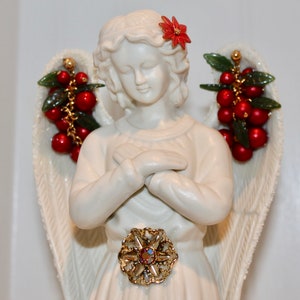 Embellished Holly Christmas Holiday Poinsettia Angel Statuette Figurine Vintage Ceramic