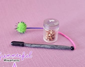 Miniature Cat Bundle | Treat Jar & Wand Dancer Toy | 1:12 Scale Dollhouse Pet Accessories | Custom Colors | KItty Lover Gift Set