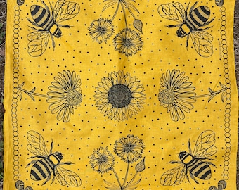 Bandana abeille et tournesol | Bandana en coton | Accessoires pour cheveux | Modèle botanique | Miel de trèfle | Amoureux des abeilles