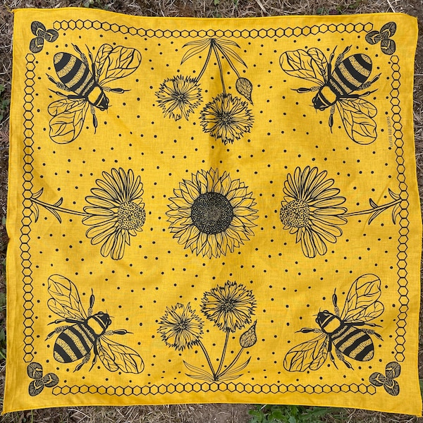 Honeybee & Sunflower Bandana | Cotton Bandana | Hair Accessories | Botanical Pattern | Clover Honey | Bee Lovers