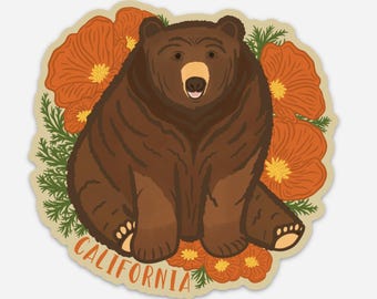California Bear and Poppy Vinyl Sticker | I Love California | Poppies | California Gifts | Brown Bears