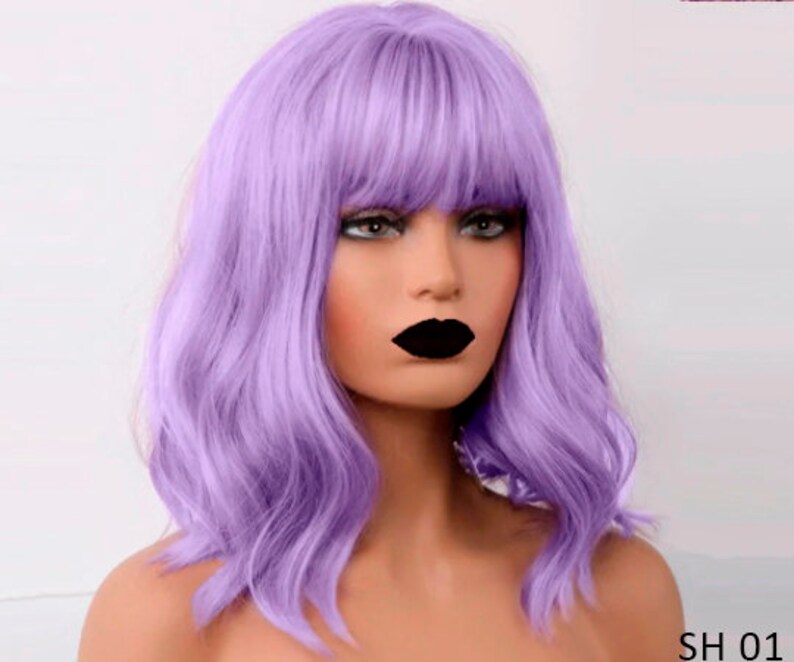 Lavender Purple Bob Wig Wavy With Bangs Medium Bob Fringe Etsy