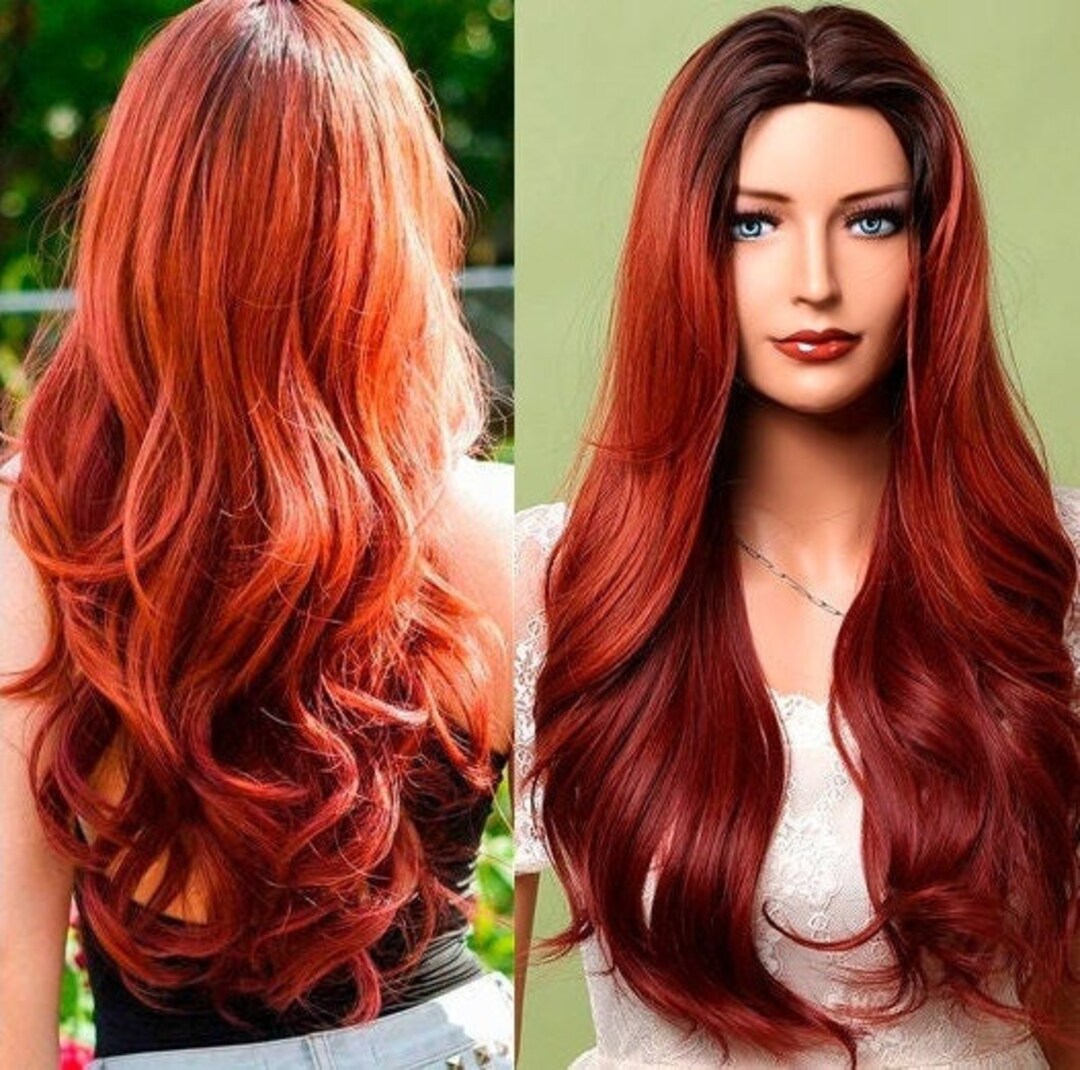 Long Redhead Wig, Burgundy, Brick Red, Auburn Wavy Hair, Curly Red