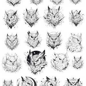 Digital Download: 20 Versatile Black and White Design Drawings of OWLS for Tattoo, Graphic Design, or Coloring