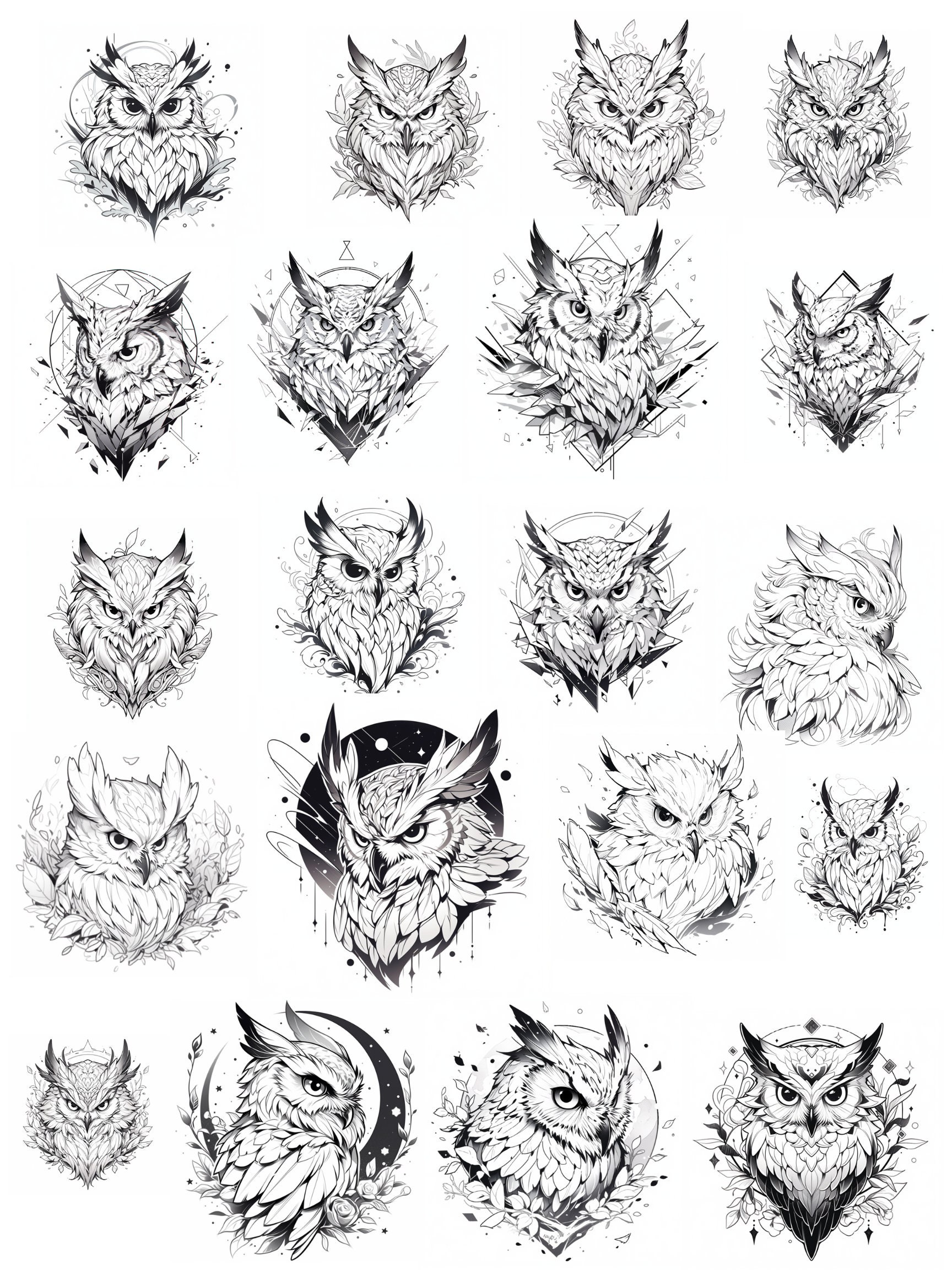 Digital Download: 20 Versatile Black and White Design Drawings of OWLS ...