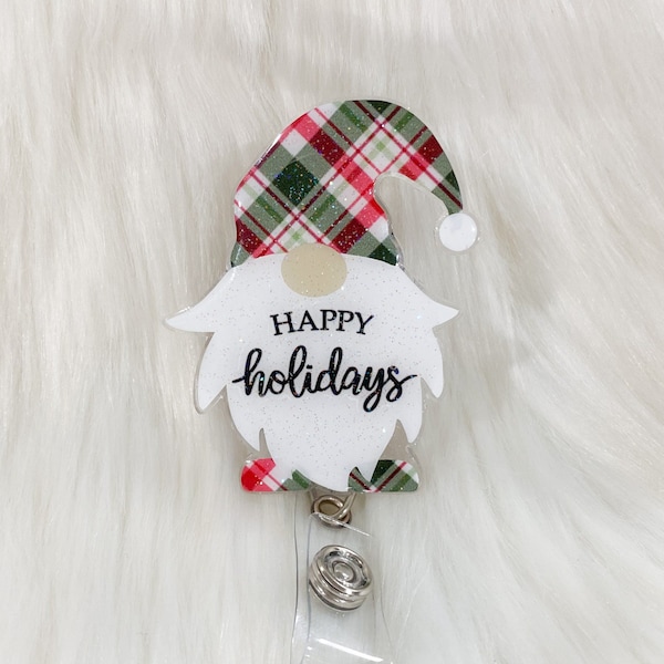 Happy Holidays Gnome Badge Reel, Christmas Gnome Badge Reel, Retractable ID Holder, Nurse Badge Reel, Work ID Holder, Doctor Gift, Teacher