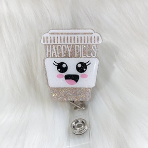 Happy Pills Badge Reel, Pill Bottle, Medication, Meds, Nurse, Doctor, Medicine, Medical, Pills, Gift, Sparkle, Glitter, Fun, Cute, Funny