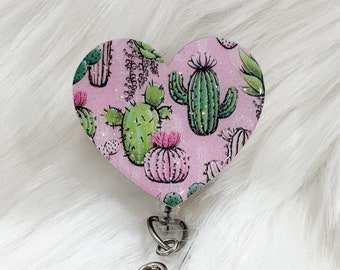Heart Cactus Badge Reel, Desert Succulents Retractable ID Holder