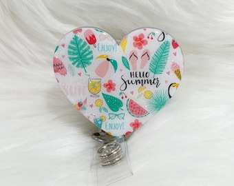 Hello Summer Heart Badge Reel, Retractable ID Card Holder
