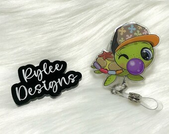 Sea Turtle Badge Reel, Kawaii Student ID Holder, Retractable Alligator Clip