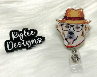 Golden Retriever Badge Reel, Hipster Dog ID Holder